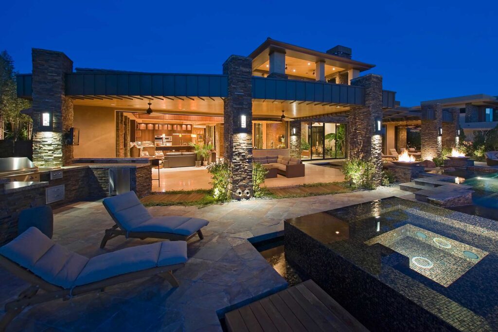 luxury home, backyard, patio, pool, twilight