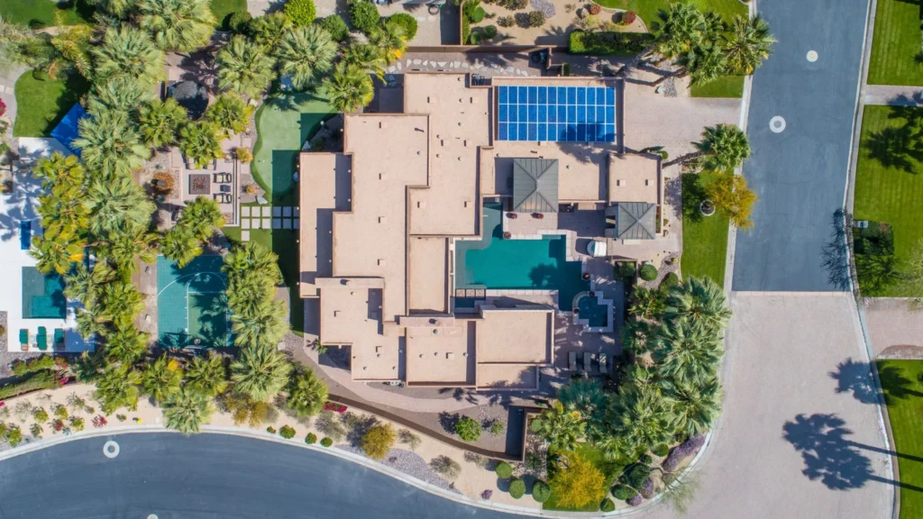 drone, aerial, mansion, trees